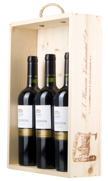 Trækasse med hank til 3 flasker