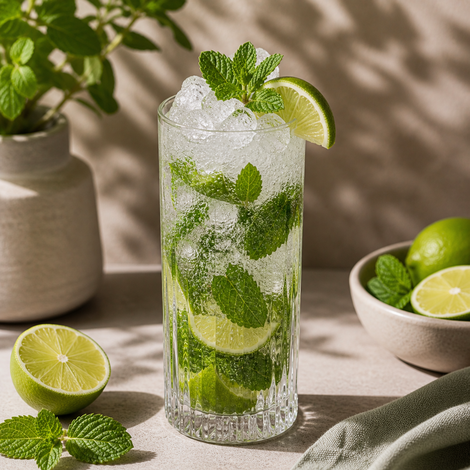 Nyd den perfekte blanding af syrlig lime, duftende mynte og perlende brus. En alkoholfri klassiker, der altid hitter.

Glas: [https://www.hjhansen-vin.dk/vinglas-tilbehoer/alle-riedelprodukter/bar-collection/highball-drinks-specifik-glasserie-6417-04-2-pack|Riedel Highball Bar Glas]